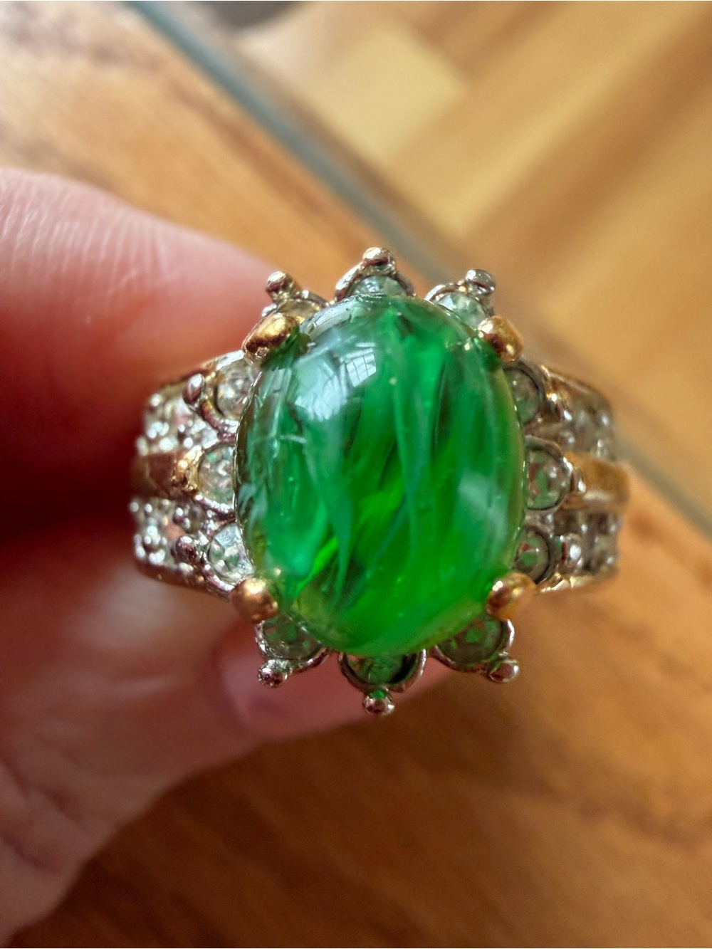 Green Cabochon Cocktail Ring with gold Accents